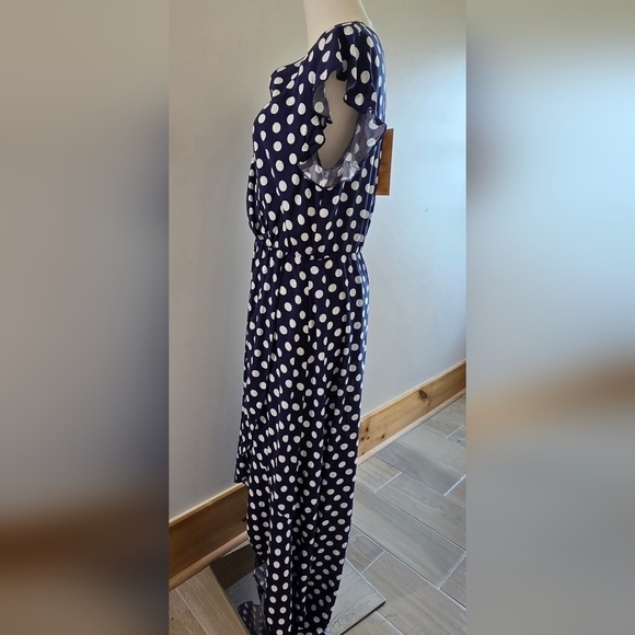 NWT Grecerelle V-Neck Faux Wrap Blue White Polka Dot Dress Ruffle Sleeve Sz. S - Picture 6 of 14
